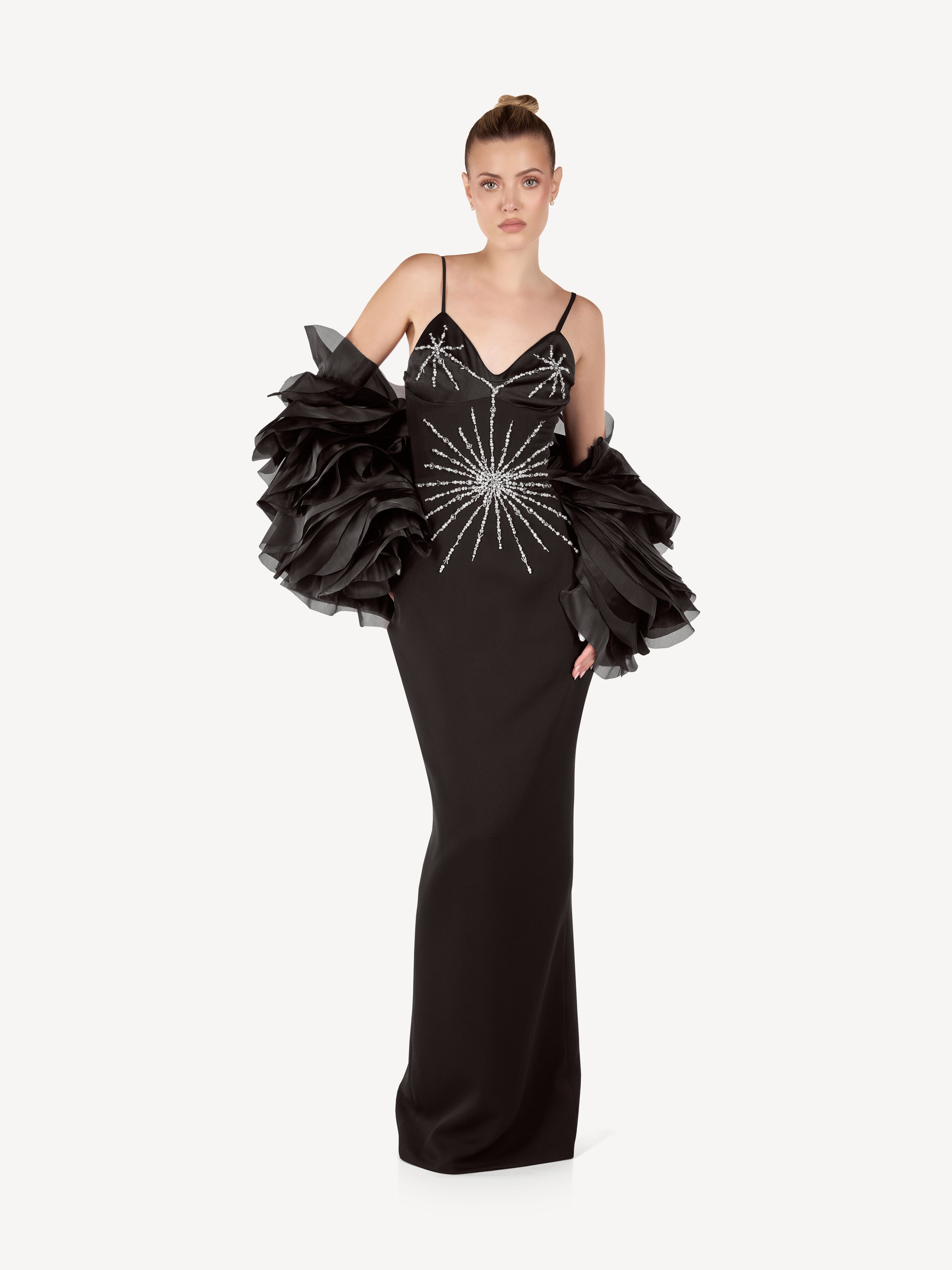 Rochie Maxi cu Aplicatii din Cristale si Maneci din Organza, Stella Noire