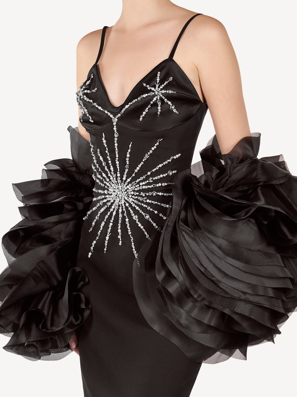 Rochie Maxi cu Aplicatii din Cristale si Maneci din Organza, Stella Noire