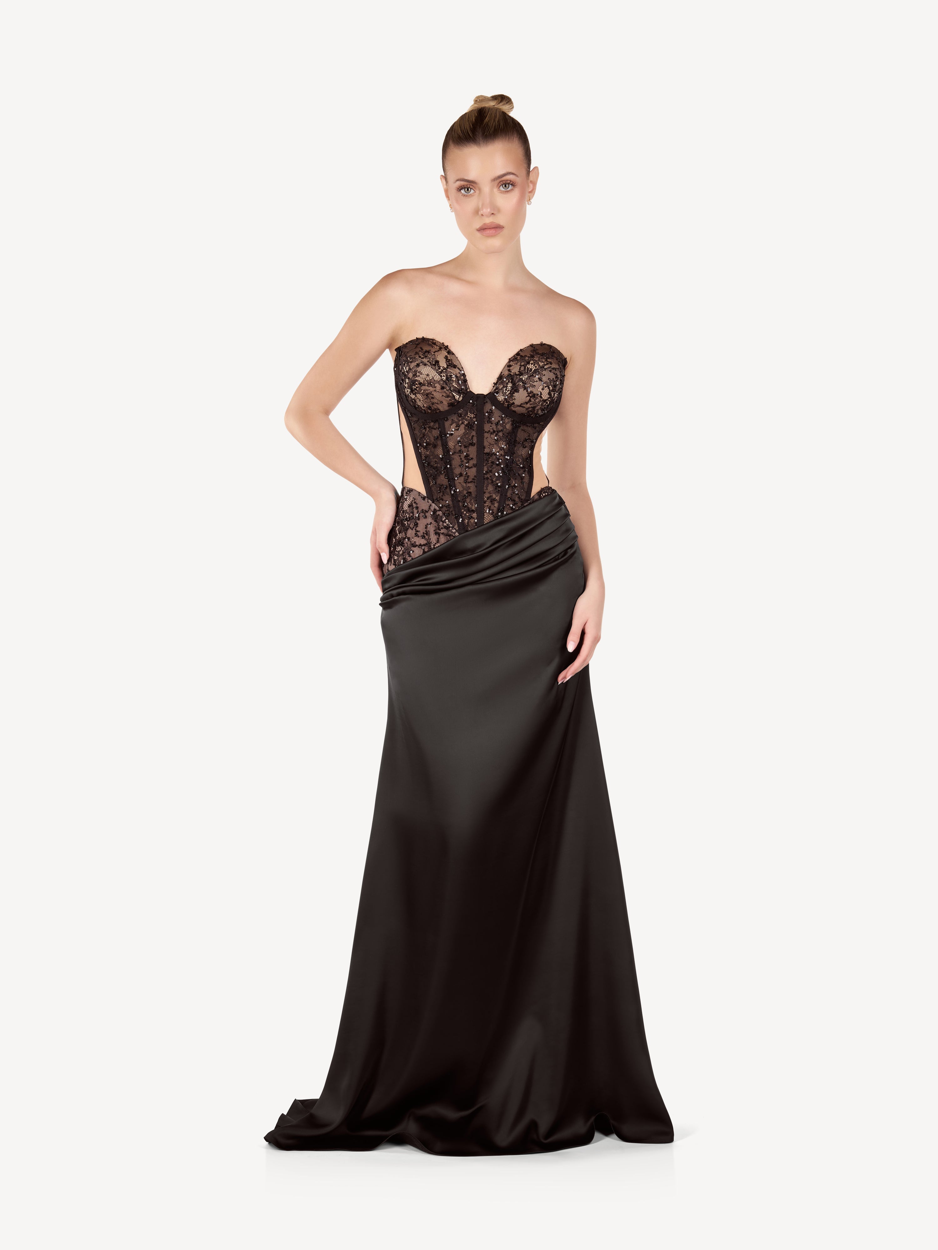 Rochie Maxi din Satin cu Corset Brodat si Drapaj, Noémie