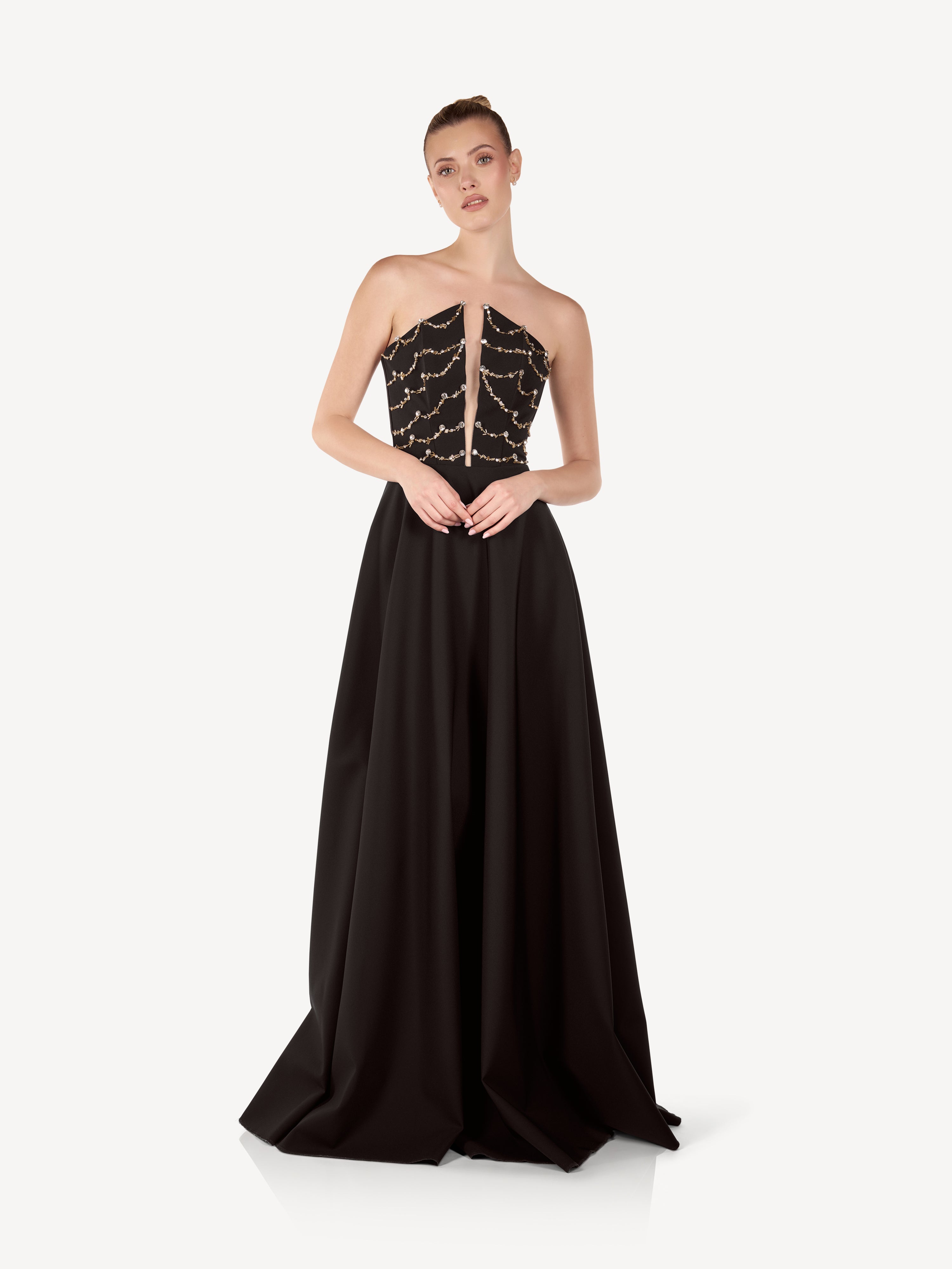 Rochie Maxi cu Corset Aplicat si Fusta Ampla, Étoile Noire
