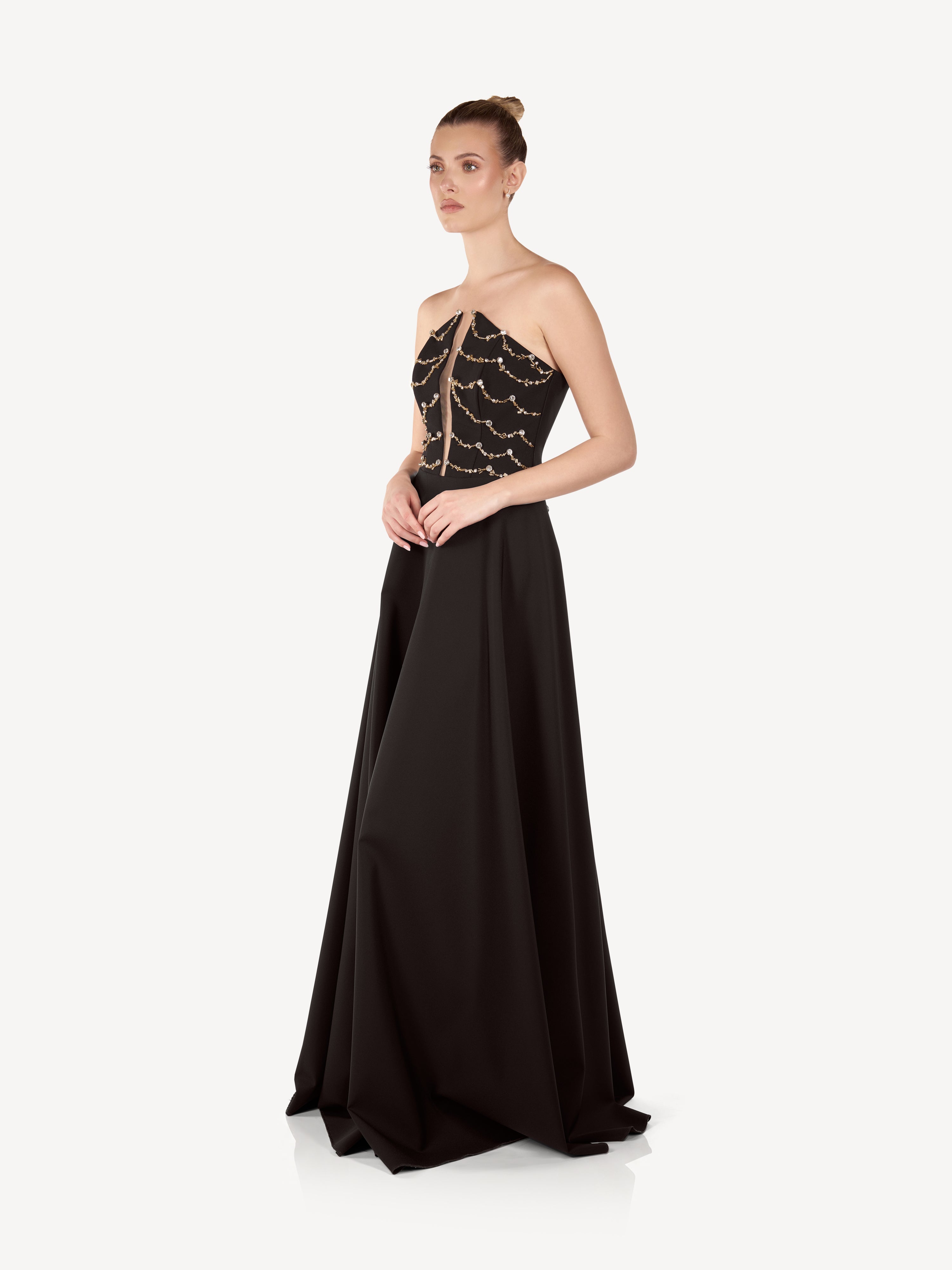 Rochie Maxi cu Corset Aplicat si Fusta Ampla, Étoile Noire