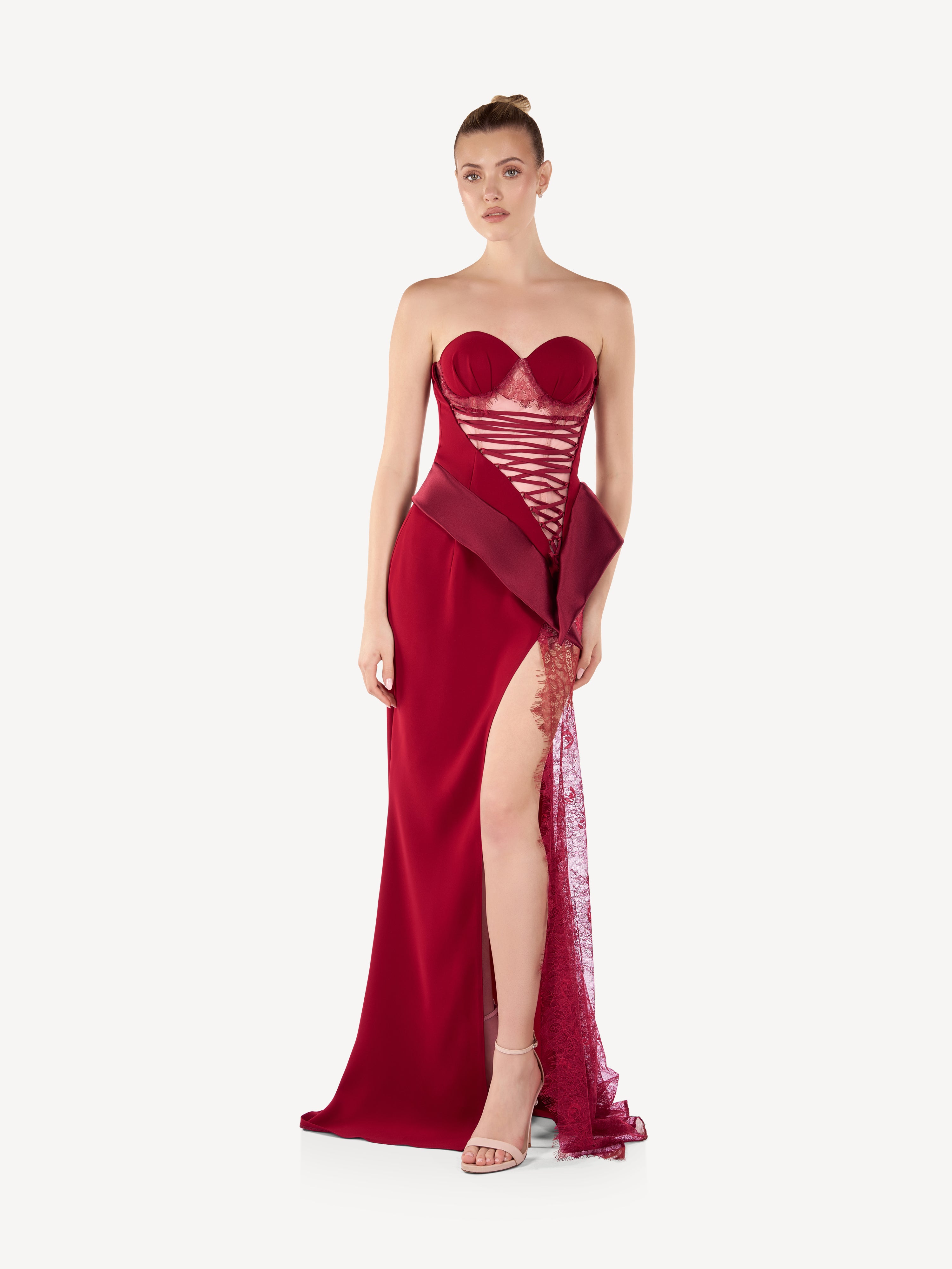 Rochie Maxi Corset din Crep si Dantela cu Slit Amplu, Rosalie