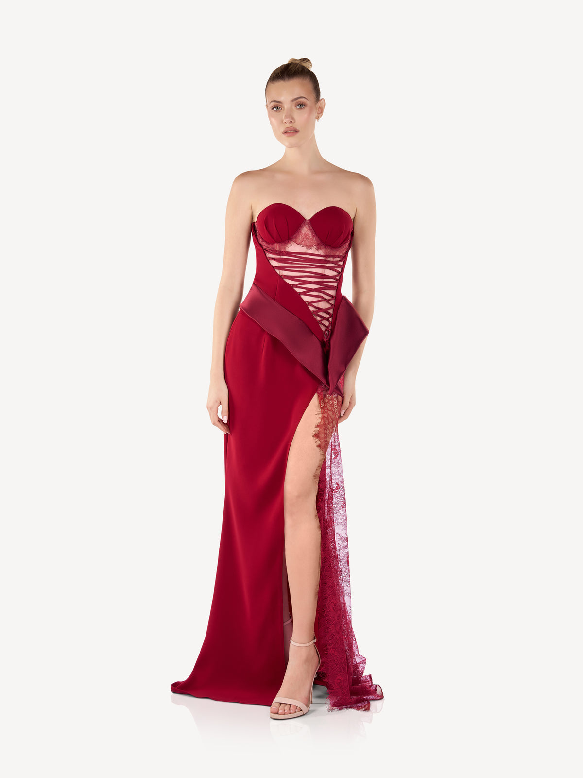 Rochie Maxi Corset din Crep si Dantela cu Slit Amplu, Rosalie