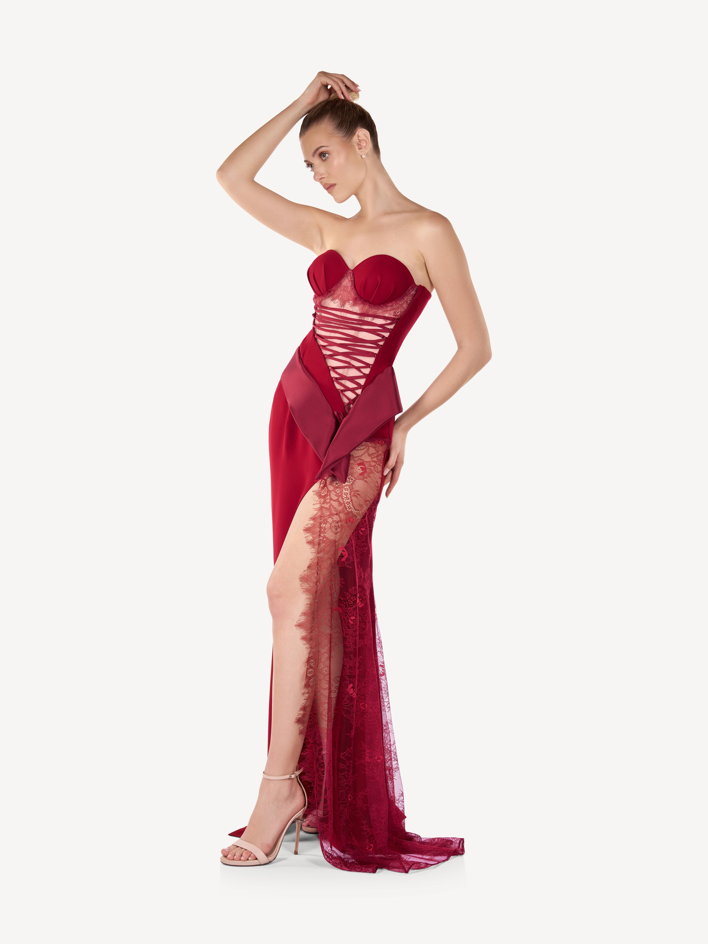 Rochie Maxi Corset din Crep si Dantela cu Slit Amplu, Rosalie