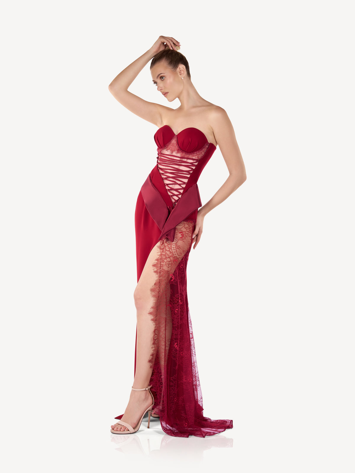 Rochie Maxi Corset din Crep si Dantela cu Slit Amplu, Rosalie