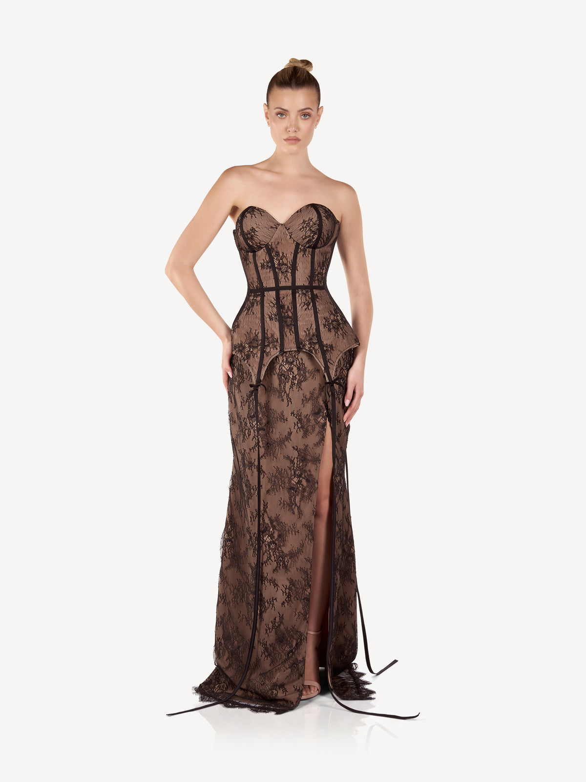 Rochie Maxi Corset din Dantela si Crep cu Slit Frontal, Isadora