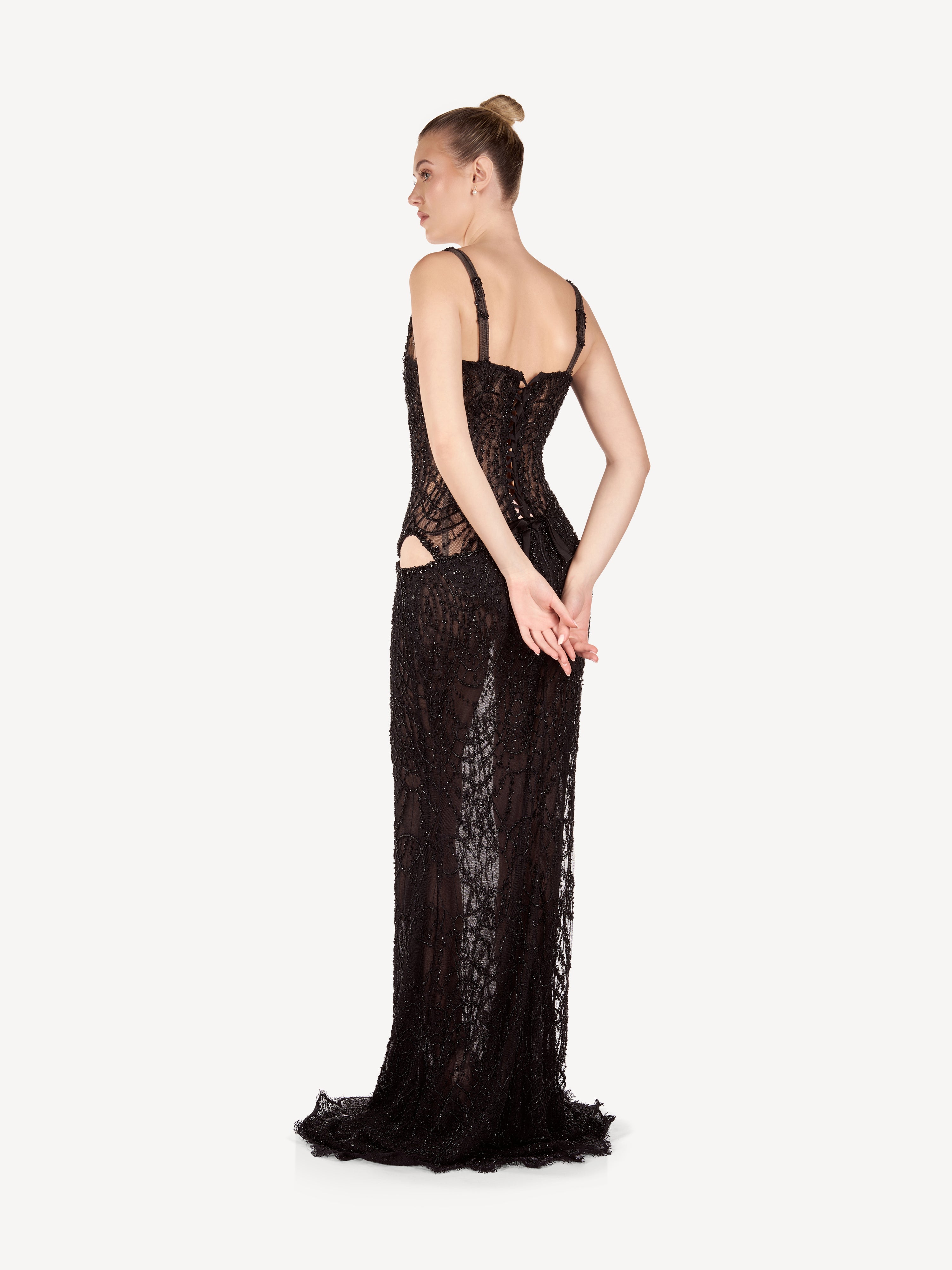 Rochie Maxi Sirena cu Broderii si Decupaje Laterale, Noir Élise