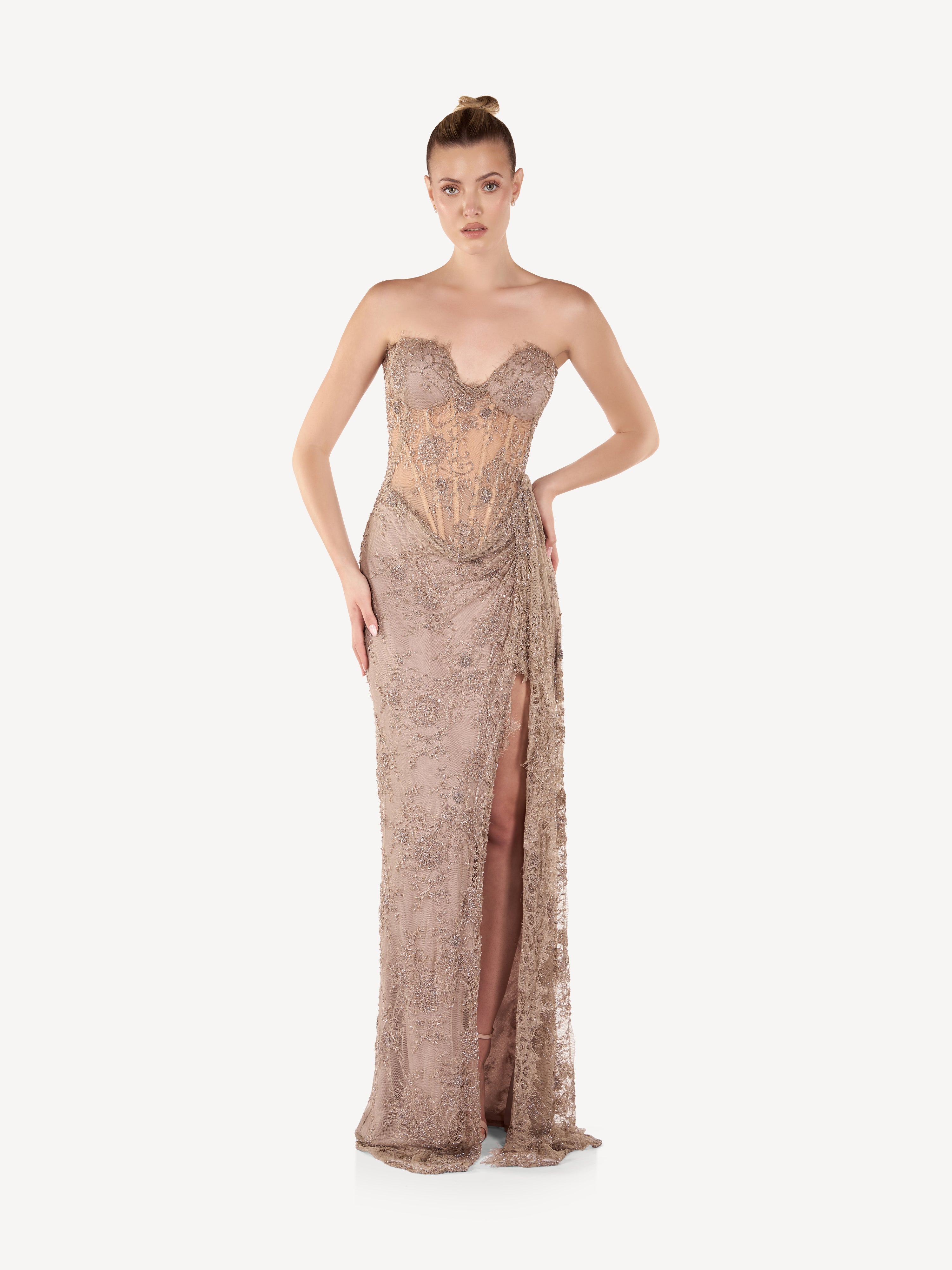 Rochie Maxi Corset cu Broderii si Drapaj Couture, Elara