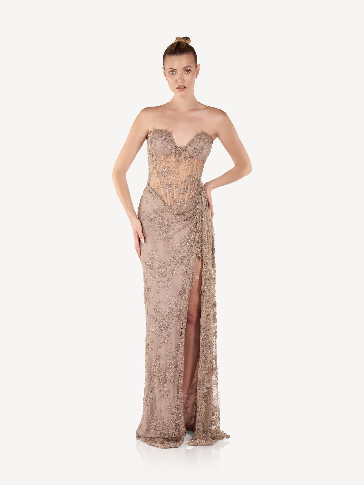 Rochie Maxi Corset cu Broderii si Drapaj Couture, Elara