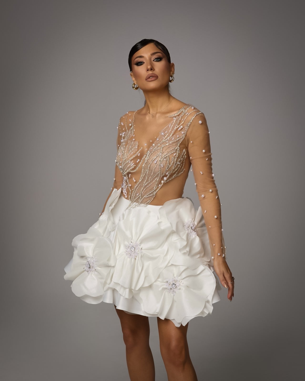 Rochie Mini cu Broderie si Aplicatii Florale, Floral Elegance