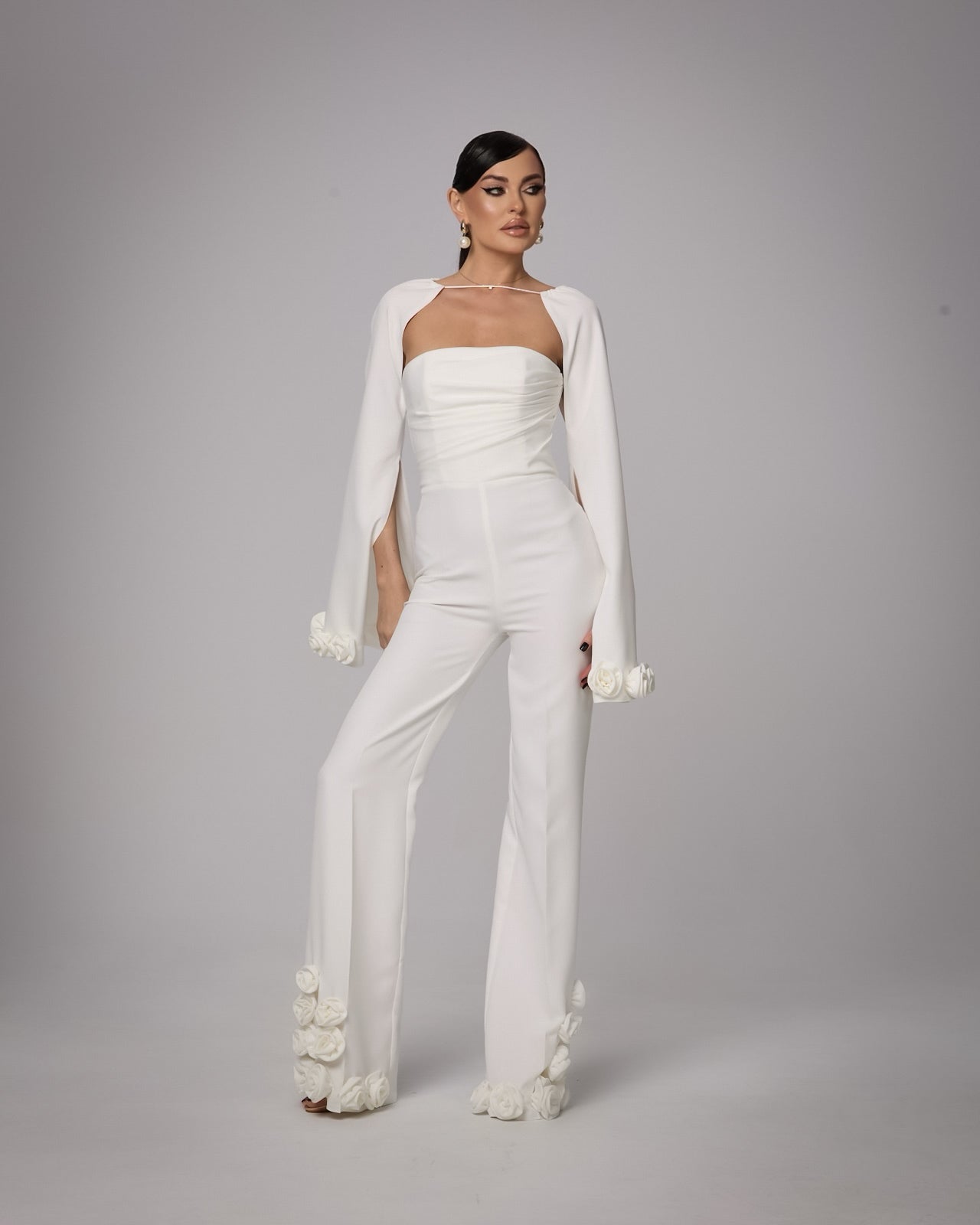 Salopeta Corset cu Aplicatii Florale si Maneci Detasabile, Ivory Bloom