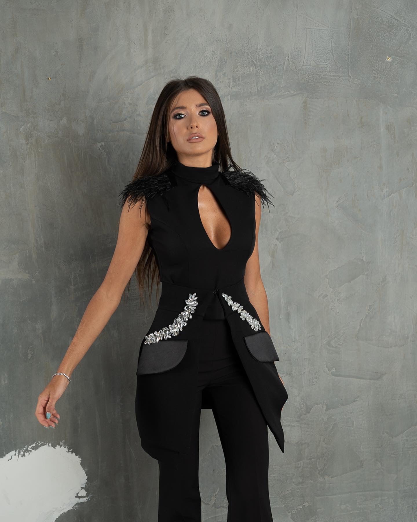 Costum cu Vesta Lunga si Pantaloni Evazati, Noir Étoile