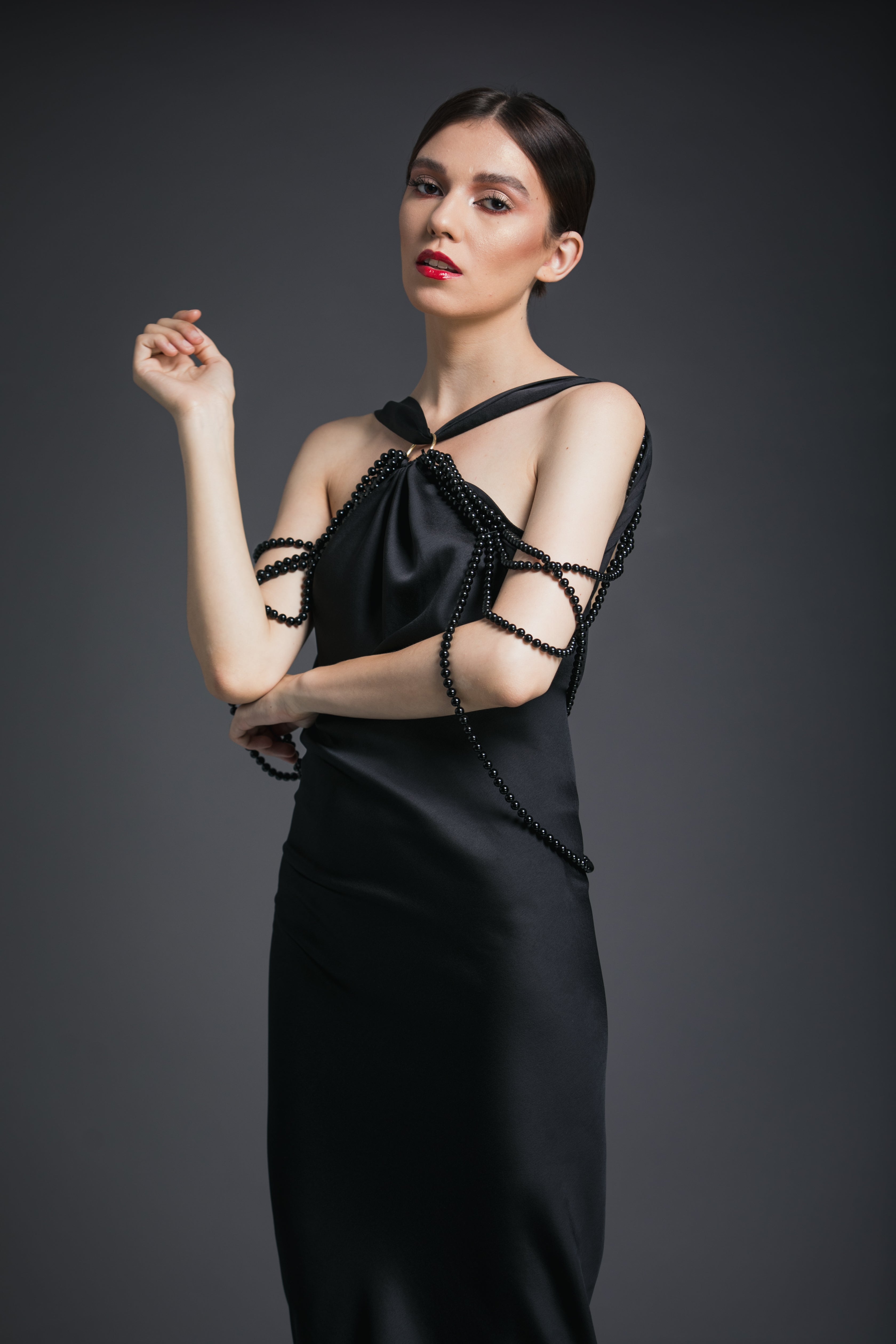 Rochie Maxi din Satin si Margele, Black Swan