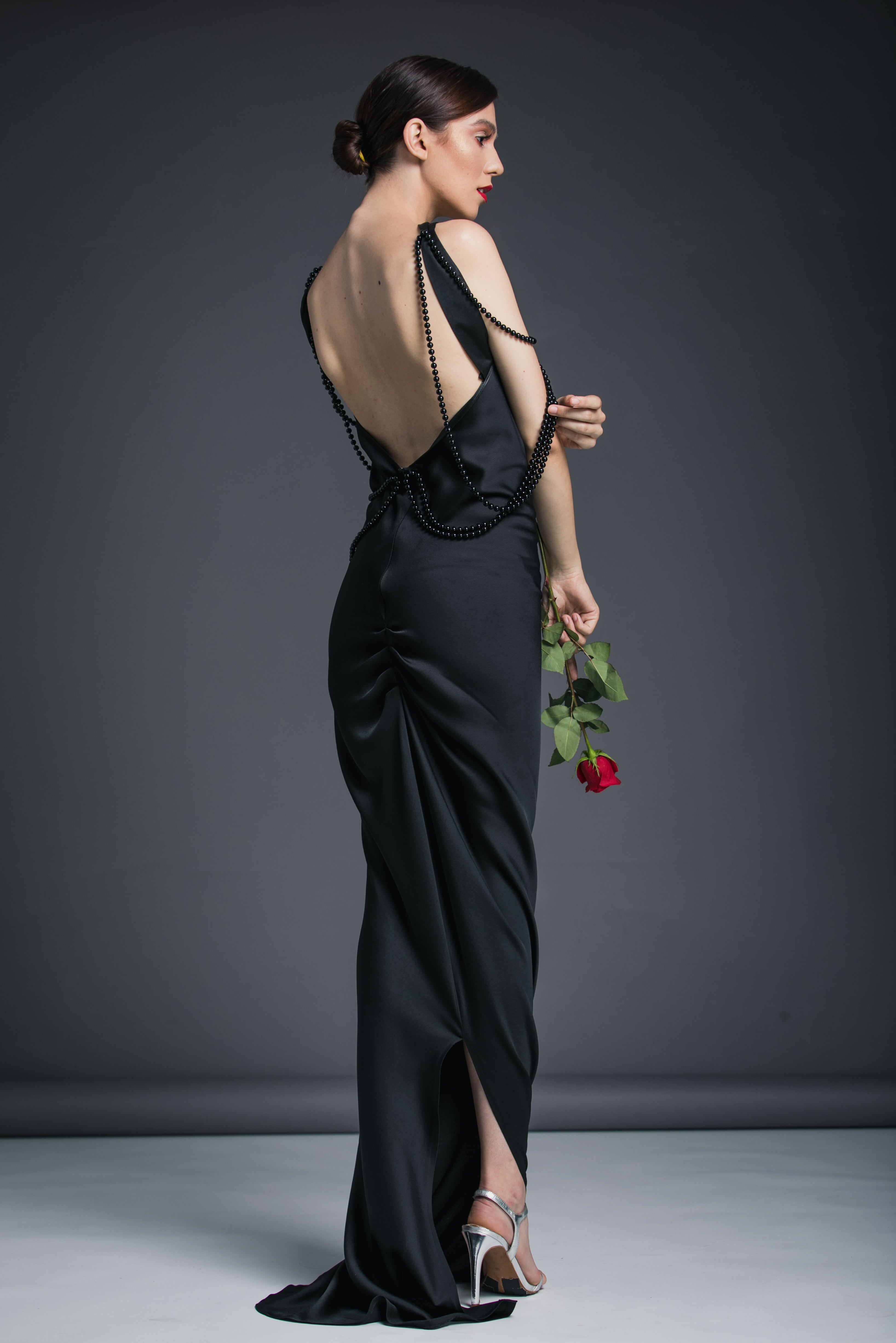 Rochie Maxi din Satin si Margele, Black Swan