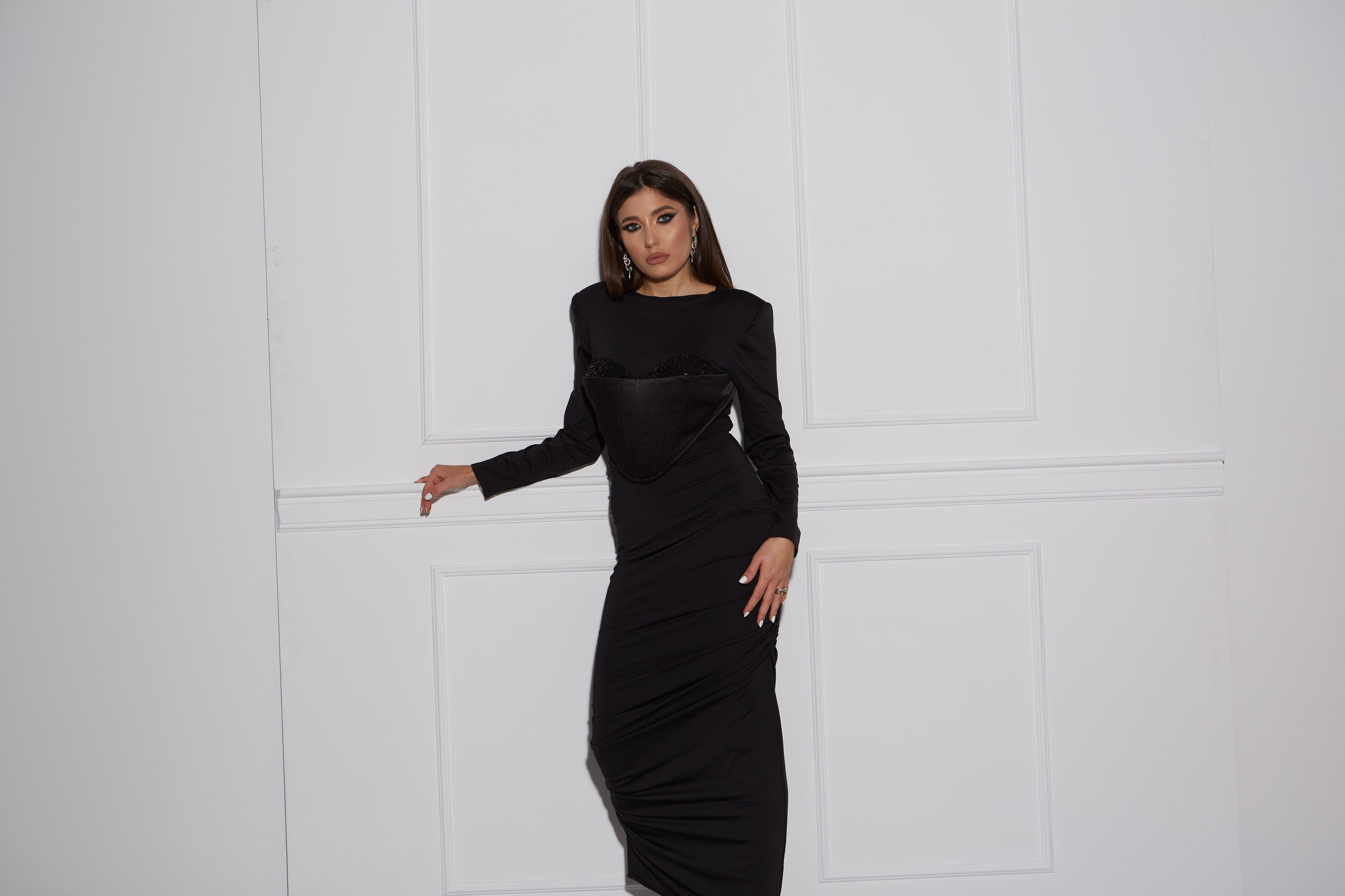 Rochie Maxi Mulata cu Corset Aplicat, Lana